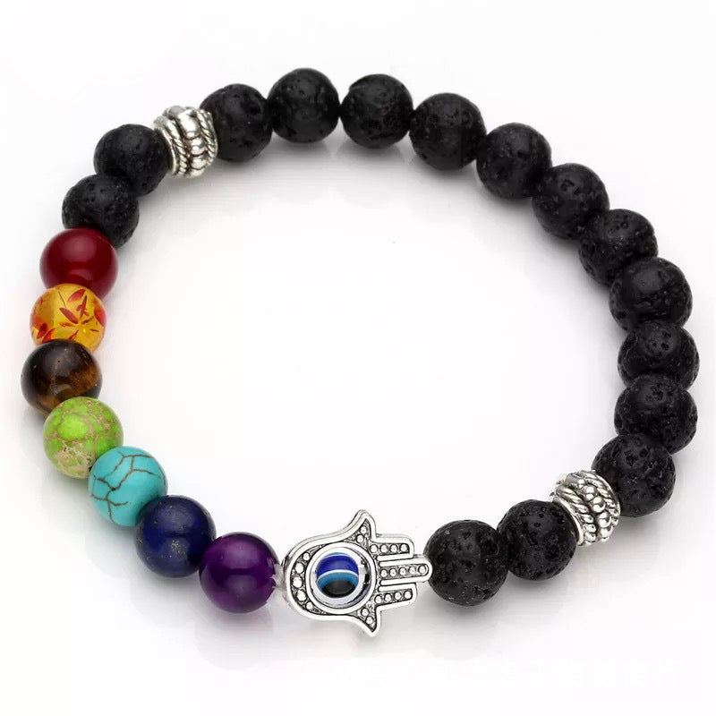 Lava Stone Bead Bracelet Golden Palm Accent And Silver Palm Inlay 8mm Energy Gem Very Sleek Modern Look Style