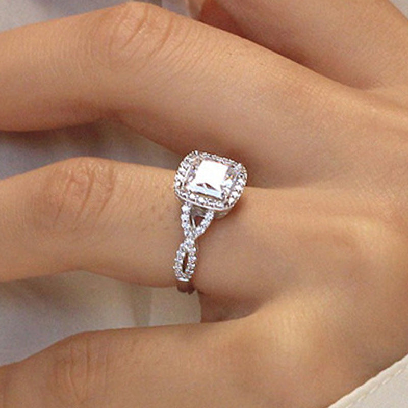 Geometric Quadrilateral Zircon Ring For Women Copper With Inlaid Stones And White Gold Tone Chain Swing Arm Sizes 6