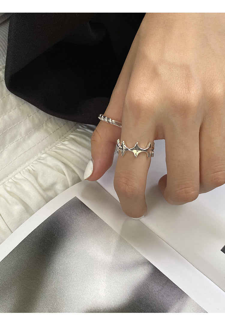 Open End Star Ring Four Eight Pointed Stars Korean Silver