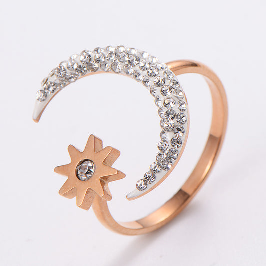 Women Titanium Steel Ring Moon Star Inlaid Open Adjustable Minimalist Dainty Jewelry For Everyday Wear Jewelry