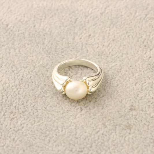 Womens Geometric Ring With Freshwater Pearl Inlay Silver Plated Copper Statement Jewelry Birthday Gift For Her