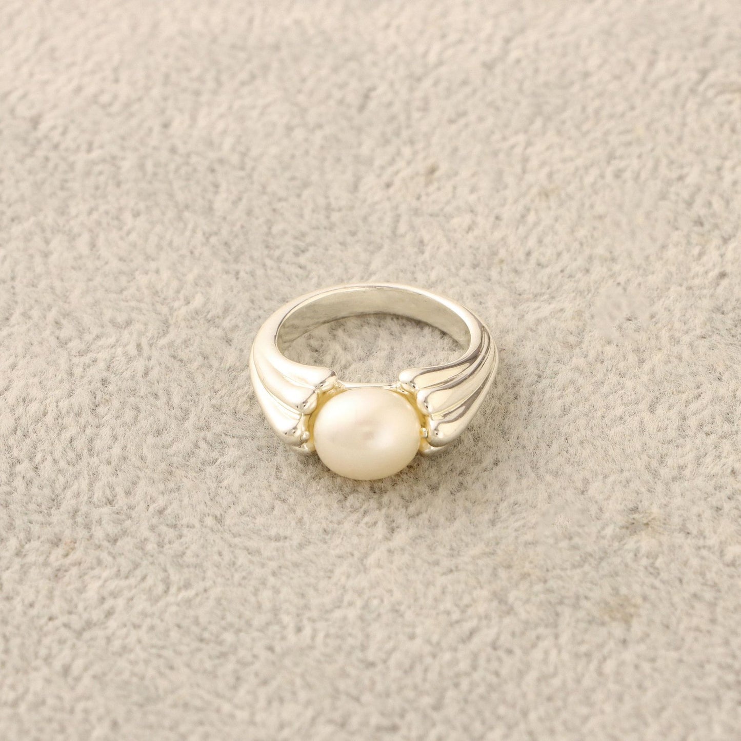 Womens Geometric Ring With Freshwater Pearl Inlay Silver Plated Copper Statement Jewelry Birthday Gift For Her