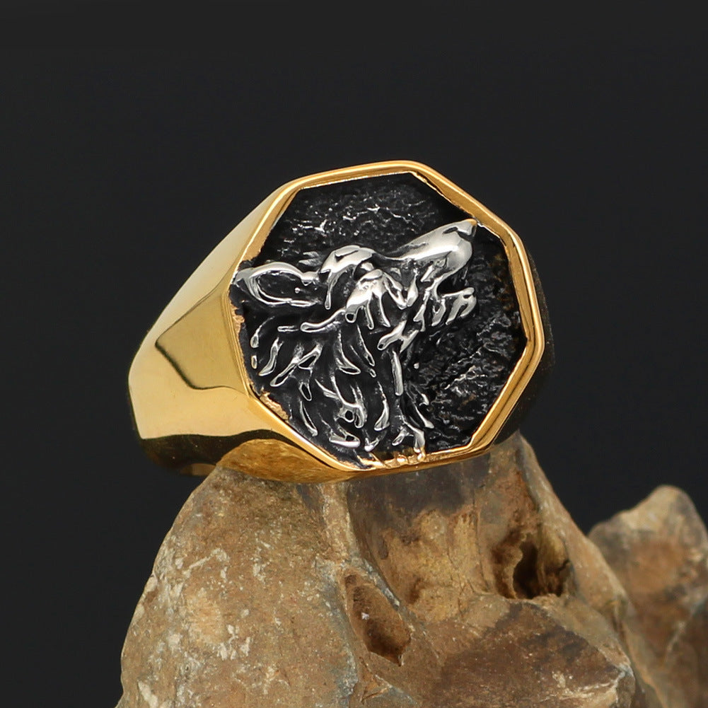 Mens Titanium Steel Animal Zodiac Ring Vintage Design Statement Ring Gold Color Band Jewelry Gift Size 9 10 11 12 13