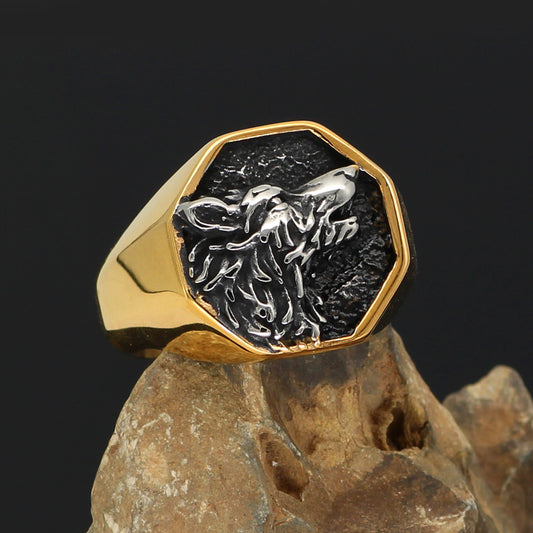 Mens Titanium Steel Animal Zodiac Ring Vintage Design Statement Ring Gold Color Band Jewelry Gift Size 9 10 11 12 13