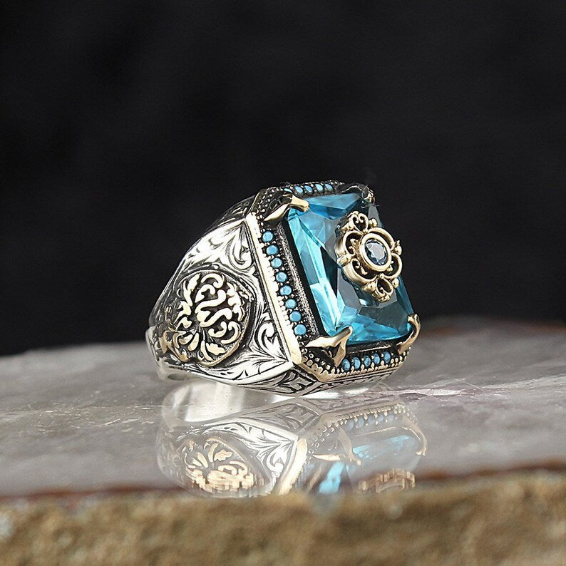 Vintage Tribal Texture Inlaid Aquamarine Zircon Ring Mens Geometric Alloy Band With Electroplating Durable Shine