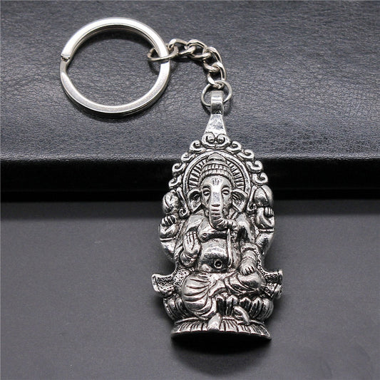 Elephant God Keychain Pendant Antique Silver Bronze Finish Electroplated Metal Ornament Souvenir Gift Keepsake