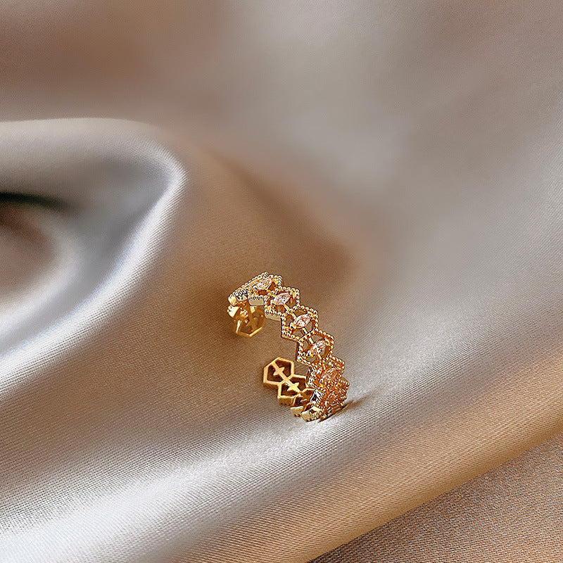 Women Adjustable Gold Plated Rings With Geometric Design And Artificial Gems For Wedding Jewelry Korean Fashion