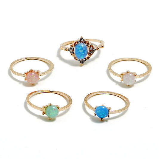 Womens Geometric Alloy Ring Set With Artificial Gem Inlay Electroplated Finish Candy Color Tail For Women Chic