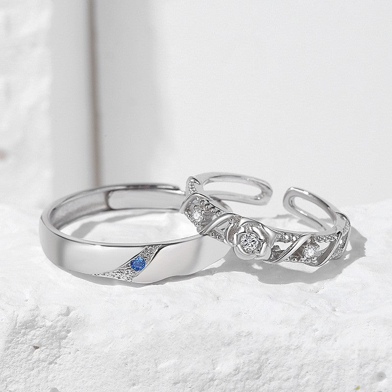 Desert Rose Sterling Silver Couple Rings Matching Design Adjustable Opening Band Anniversary Gifts For Couples