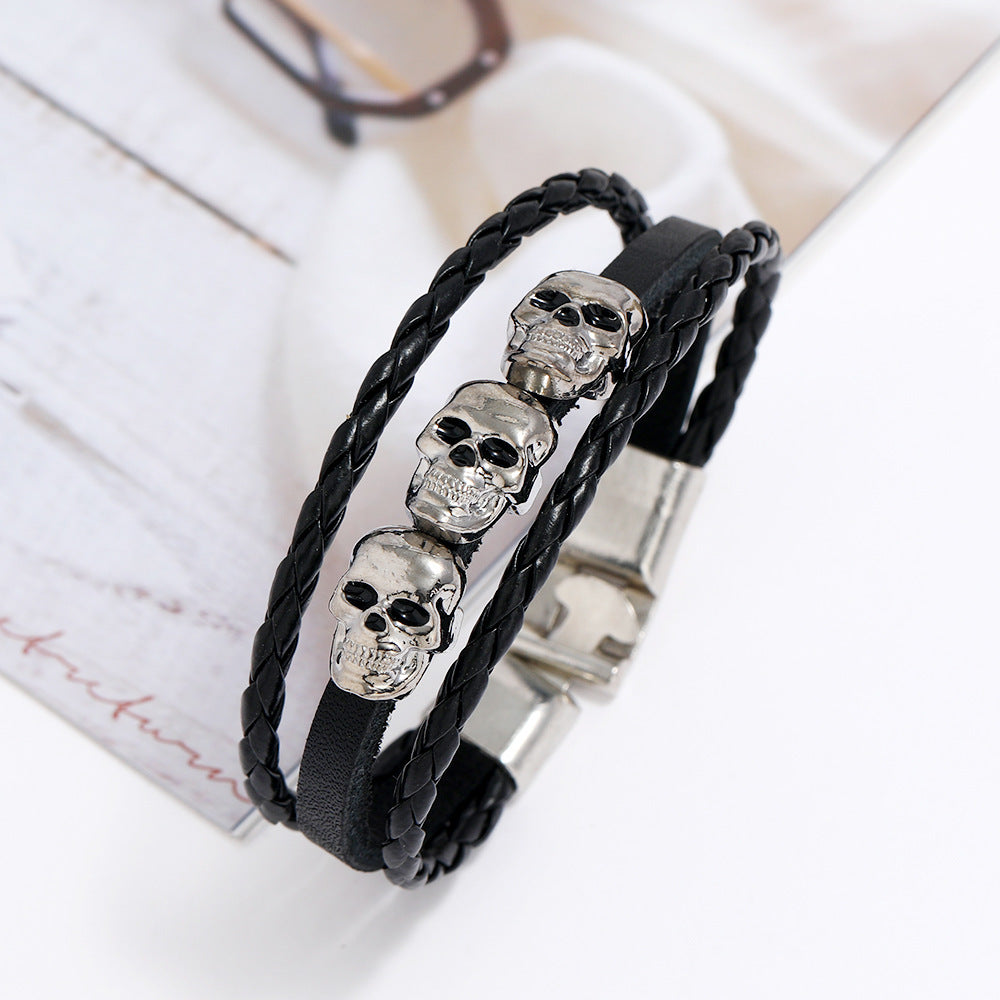 Mens Braided Leather Bracelet With Skull Accent Wristband