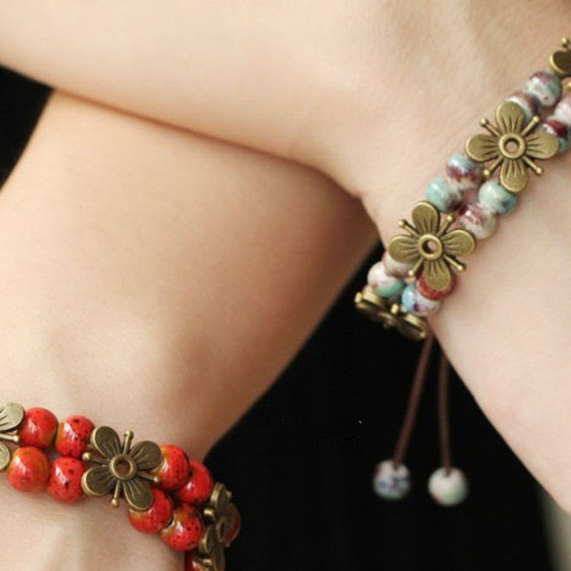 Womens Four Leaf Clover Ceramic Beaded Chain Bracelet Ethnic Style High Temperature Fired Lucky Jewelry Gift Idea