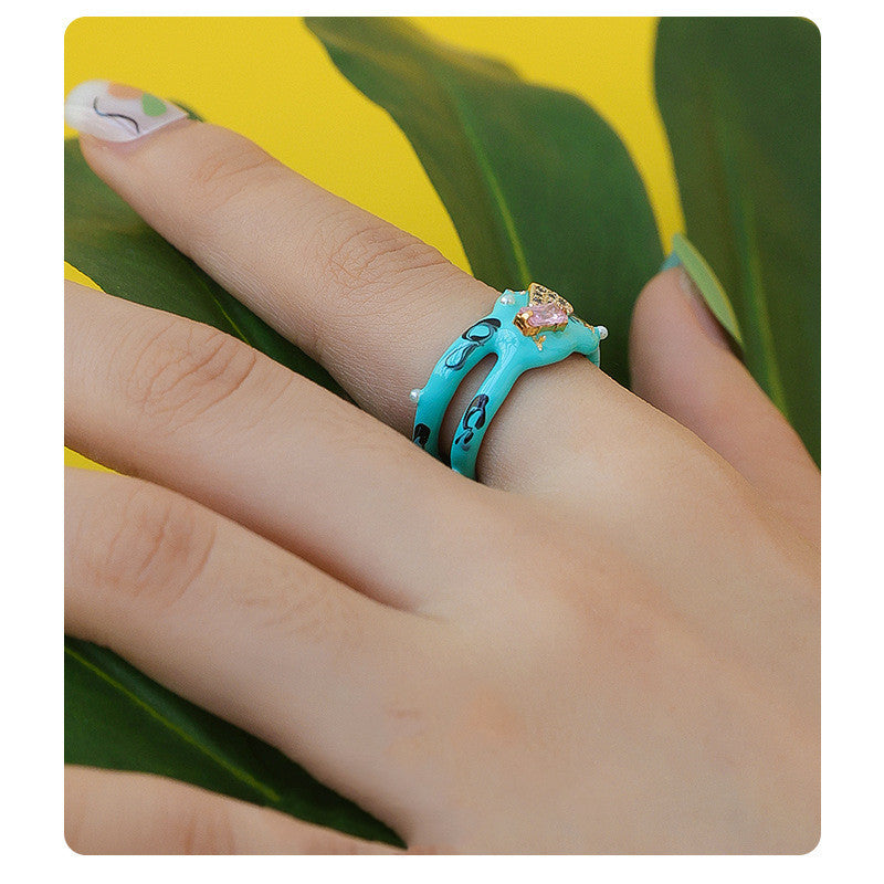 Womens Handmade Zircon Pearl Ring Bracelet Oil Drip Heart Alloy Size One Style Sweet Cool One Size Mm Color Style