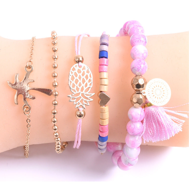 WomensOnly Bohemian Turquoise Electroplated Alloy Bracelet Pineapple Heart Coconut Fringe for Summer Beachwear