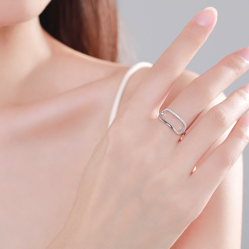 Womens Sterling Silver Ring Geometric Ellipse Zircon Inlaid Rectangular Ring Affordable Luxury For Her Stylish