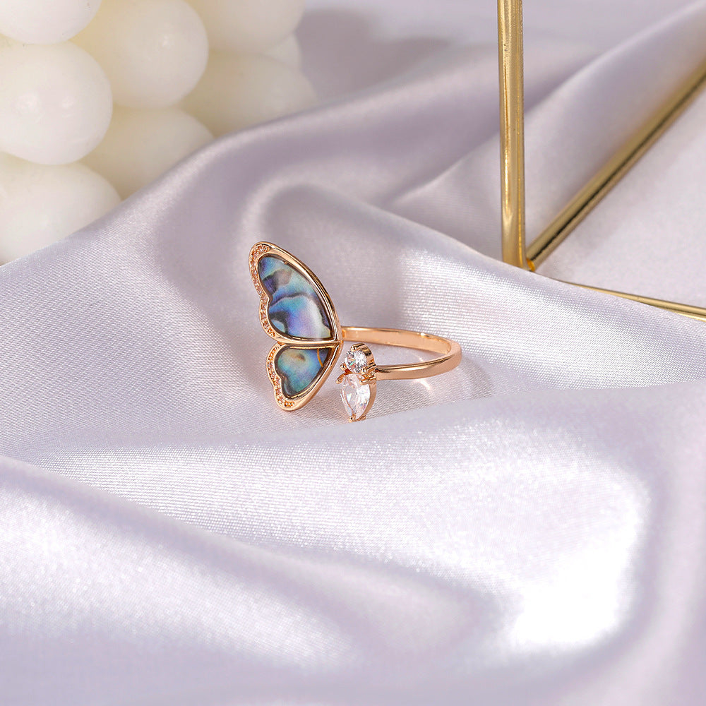 Copper Seashell Wing Ring Inlaid Zircon Dainty Jewelry For Women Korean Fashion Accessory Gift With Zircon Gem