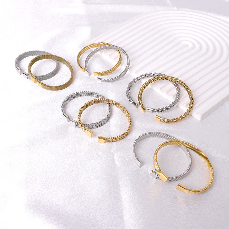 Stainless Steel Woven Bracelet Open Ended Fashion Bangle Electroplated Durable Round Design Accessory Steel And Gold