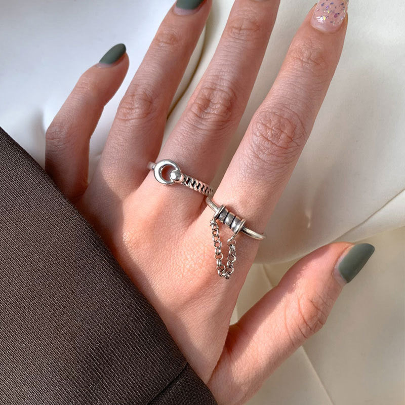 Thai Silver Geometric Chain Ring For Women And Girls Korean Retro Style Jewelry Non Inlaid Gift For Daily Wear