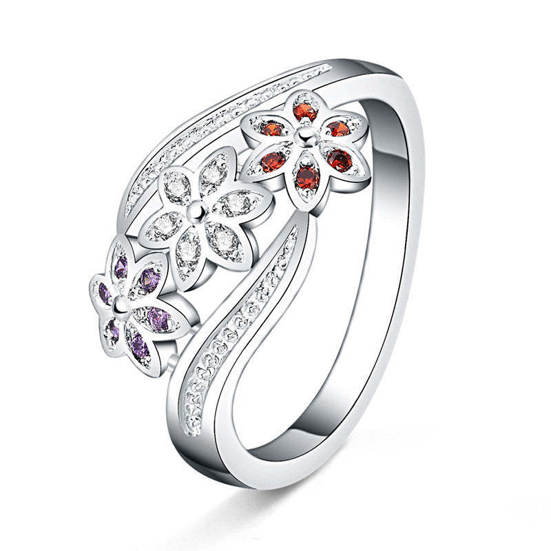 Floral Silver Ring Set With Zircon Diamonds Tricolor Electroplated Copper Ring Jewelry For Women And Girls Chic