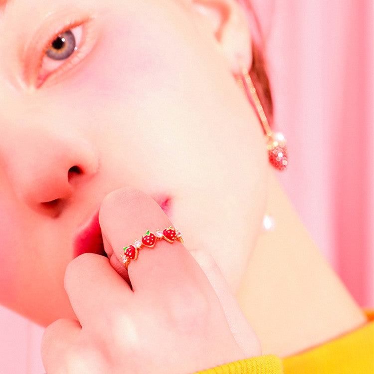 Strawberry Ring Adjustable Alloy Drip Glaze Zircon Mosaic Cute Fruit Jewelry For Women And Girls For Size 51mm