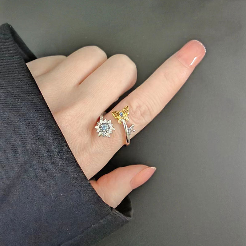 Women's Zircon Rotatable Butterfly Ring Copper Adjustable Opening Geometry Electroplating White Gold Female Ring