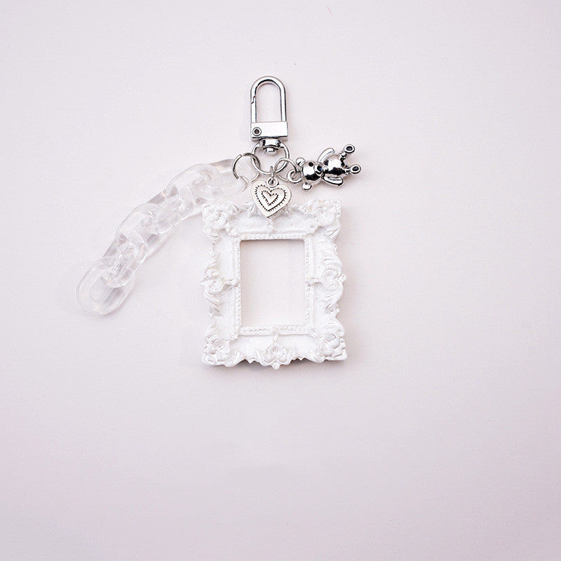 Womens Aluminum Alloy Photo Frame Keychain Pendant Embossed Love Rectangle Design Cute Fashion Accessory Everyday