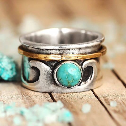 Geometric Ring With Turquoise Inlay Vintage Two Tone Rotatable Alloy Ring Retro Fashion Jewelry Ideal Gift Any Occasion
