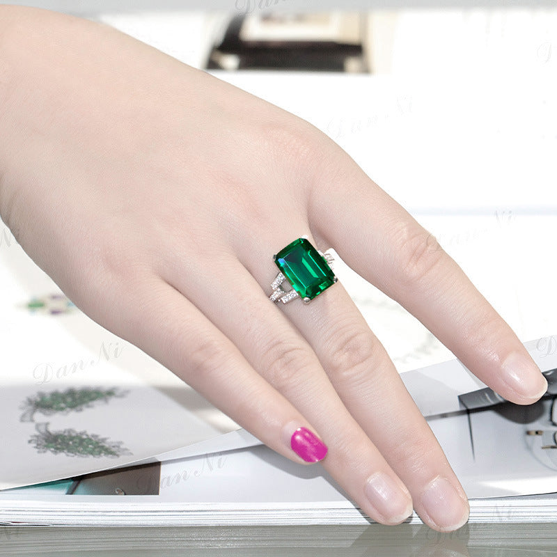 Emerald Square Ring White Gold Plated Copper Geometric Inlaid Gemstone Jewelry For Office Wear For Office Wear