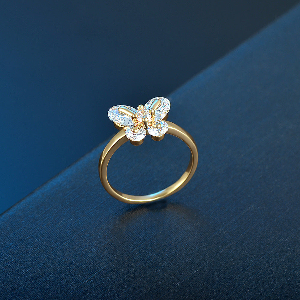 Women's Ring Elegant Butterfly Zircon Crystal Copper Inlaid Daily Wear Fashion Jewelry Craftsmanship Gold Tone