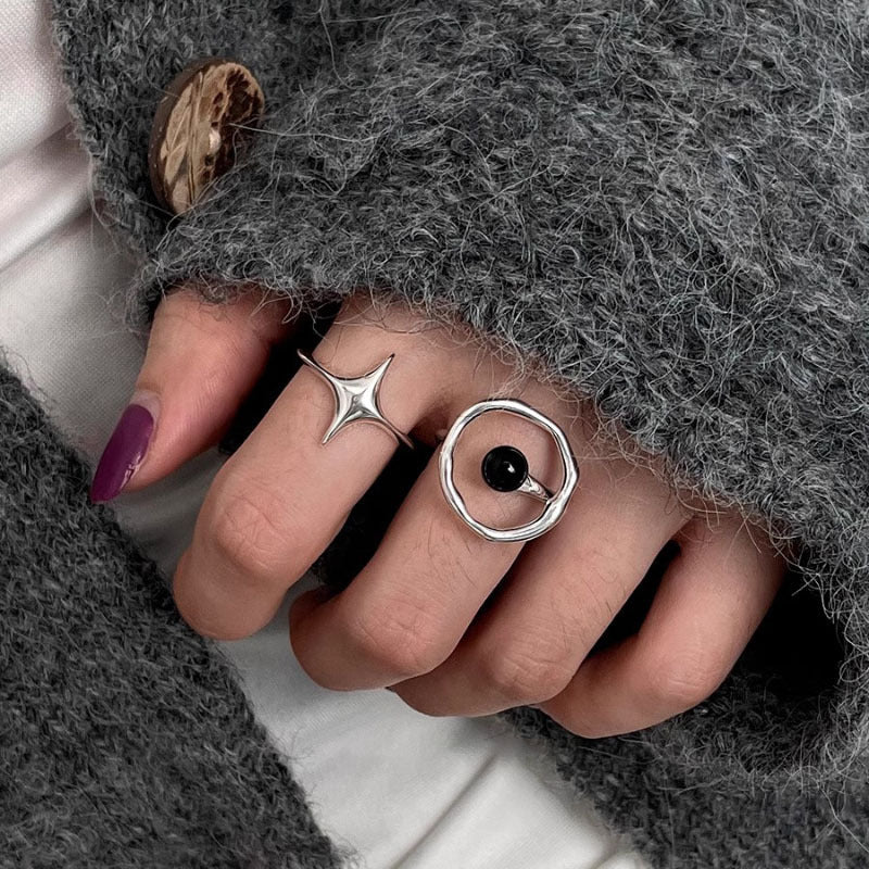 Womens Adjustable Copper Ring With Black Agate Geometric Star Niche Design Fashion Ring Electroplated Finishes