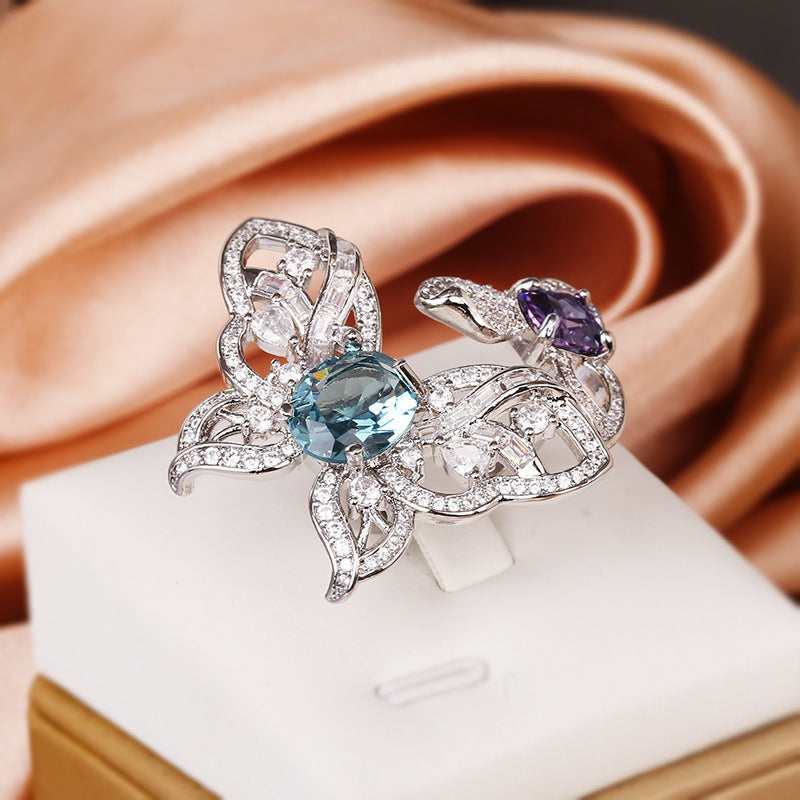 Womens Ring With Rhinestone Butterfly In Heart Design Adjustable Opening Copper Geometric Sky Jewelry For Her