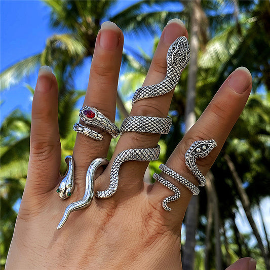 Unisex Animal Rings Sets Silver Tone Alloy Zodiac Rings Electroplated Snake Exaggerated Design Fashion Jewelry