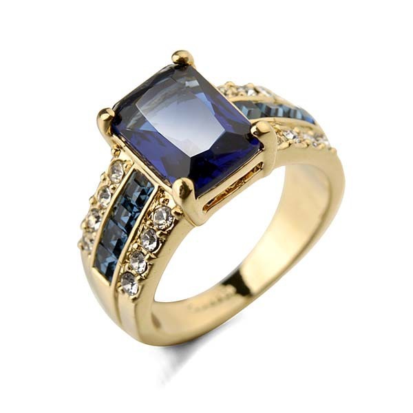 Gold Plated Ring With Blue Gemstone Inlaid Geometric Design For Women European American Style Jewelry Accessory