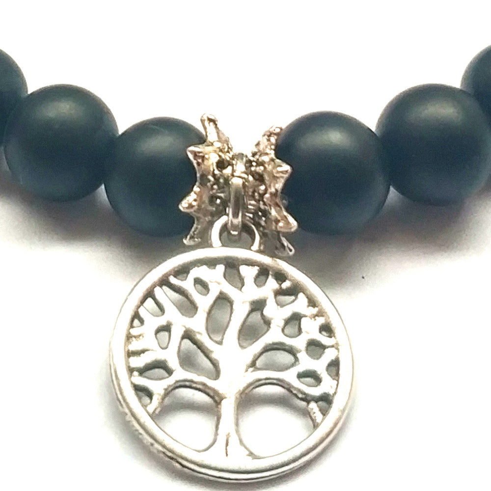 Unisex Frosted Black Agate Beaded Bracelet With Tree of Life Pendant 8mm Beads Handmade Jewelry for Everyday Wear