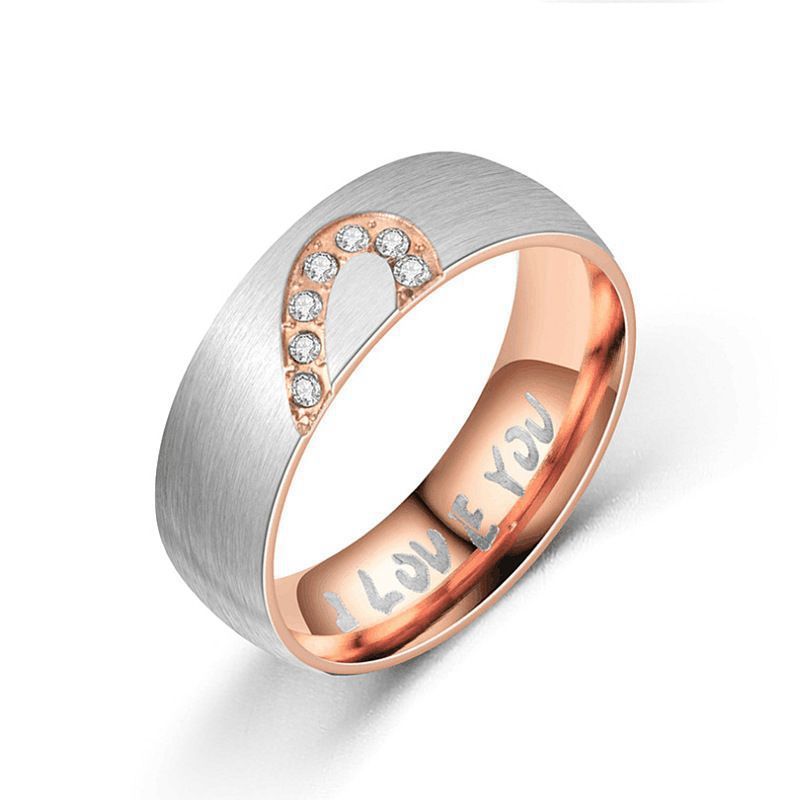 Half Heart Stainless Steel Ring Inlaid Gemstones Gold Plated European American Style Jewelry 6mm Wide Nice Gem