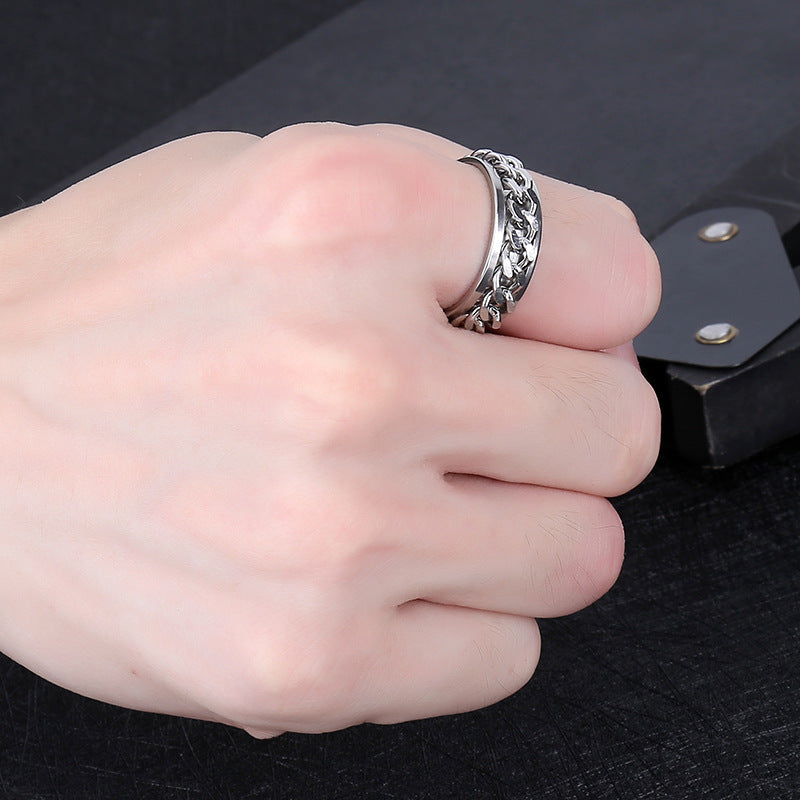 Mens Stainless Steel Chain Ring Geometric Design Durable Stylish Ring For Birthday Gift Band Jewelry Accessory Edition