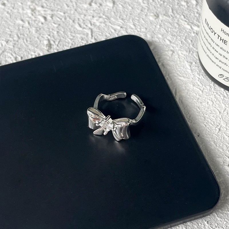 Girls Bow Ring 925 Sterling Silver Zircon Inlaid Adjustable Open Ring Gift For Birthday Everyday Jewelry For Girls