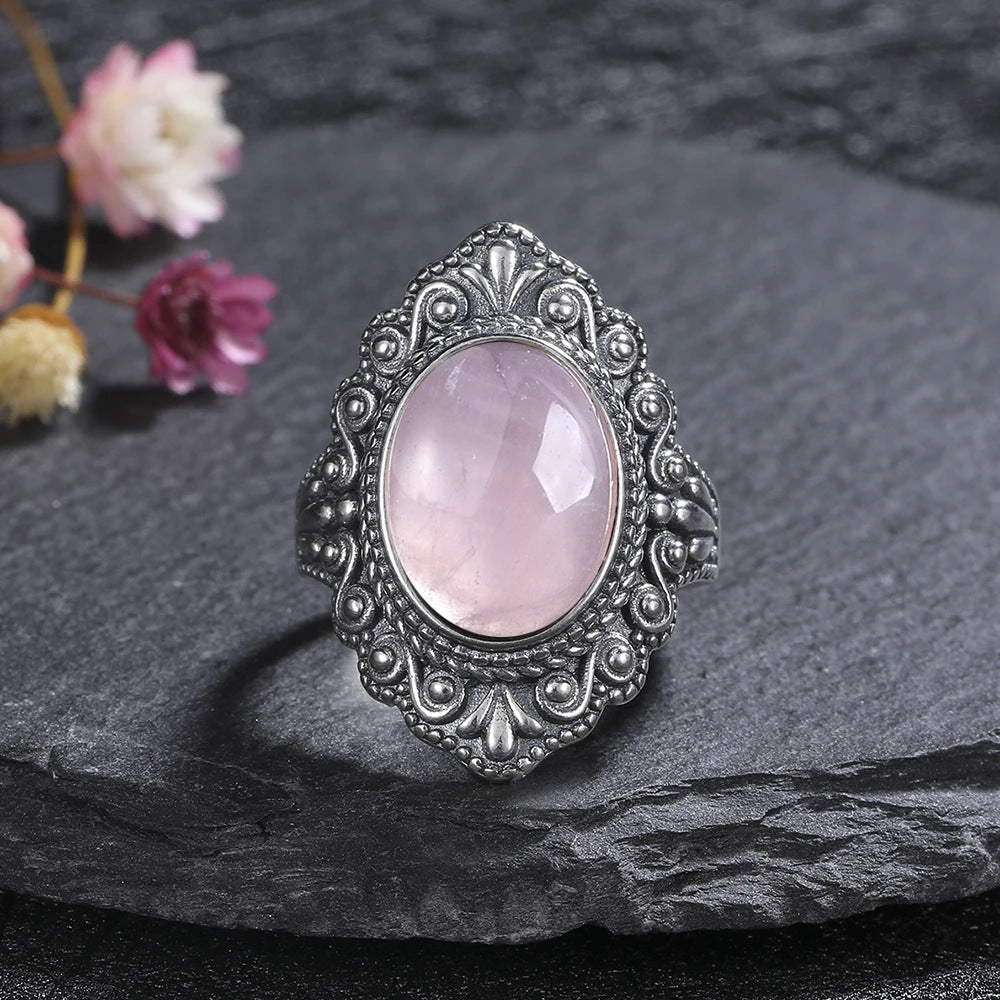 Retro Pattern Crystal Gemstone Flower Ring Pink Copper For Women US Sizes 06 07 8 9 10 Elegant Vintage Jewelry