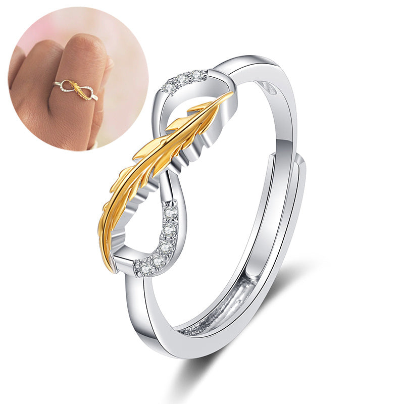 Two Tone Gold Feather Ring With Rhinestones Copper Adjustable Geometric Ring For Women European American Style