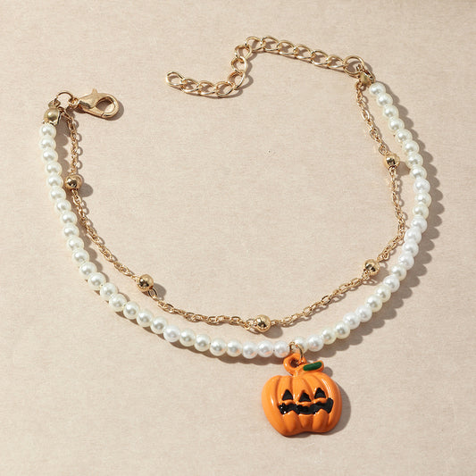 Womens Pearl Pumpkin Design Bracelet Halloween Jewelry Resin Festive Costume Accessory Imitation Pearls Charms