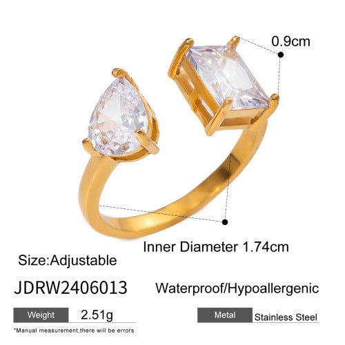 Unisex 18K Gold Plated Stainless Steel Ring With Zircon Open End Geometric Line Design Electroplated Jewelry XL