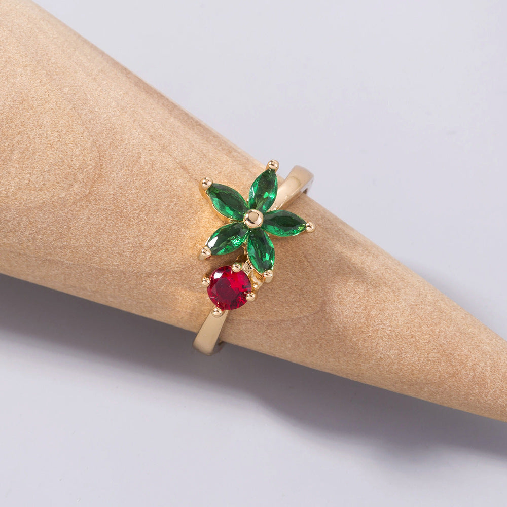 Women Gold Flower Ring Copper Geometric Ring With Zircon Five Petals Elegant Fashion Jewelry Modern Chic Style