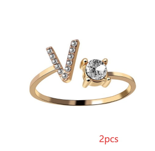 Womens Initial Letter Ring Adjustable Vintage Jewelry Zircon Accents Alloy Rhinestone Ring Perfect For Gifting