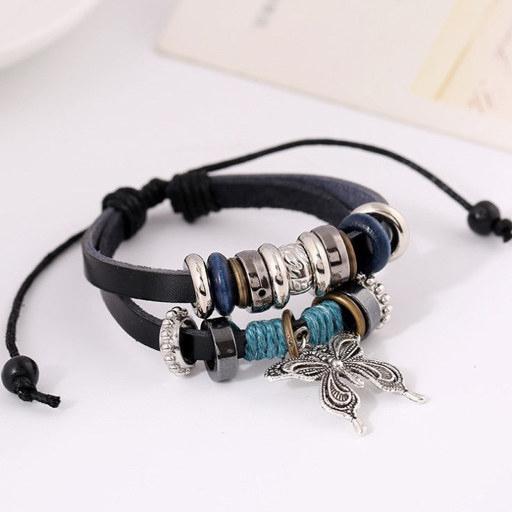 Unisex Vintage Leather Bracelet With Butterfly Pendant Adjustable Cowhide Beaded Woven Fashion Jewelry Everyday Wear