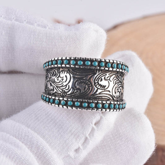 Unisex Turquoise Inlaid Flower Ring Sterling Silver Gemstone Engagement Wedding Band European American Classic
