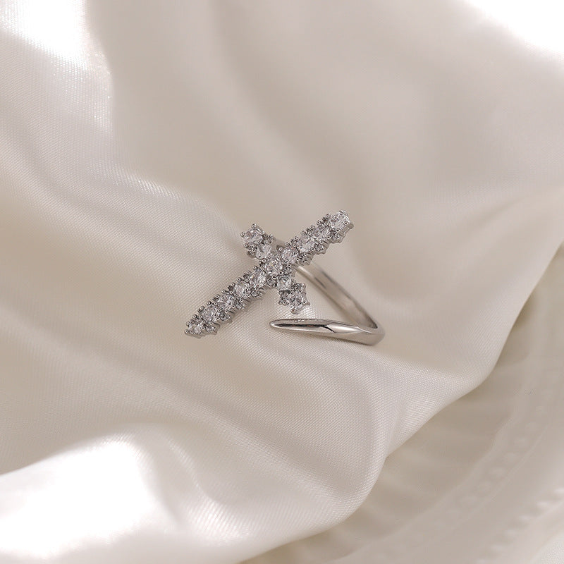 Womens Adjustable Zircon Cross Ring Open Style Gold Plated Copper Ring Or Silver Plated Jewelry Everyday Style