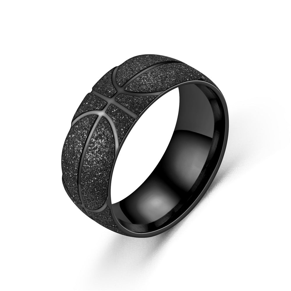 Mens Stainless Steel Ring With Basketball Pattern Geometric Design Black Silver Finish Gift For Men Everyday Wear
