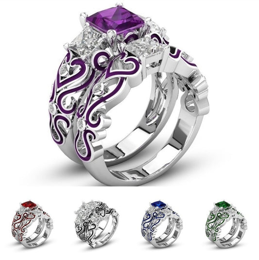 Ladies Engagement Ring Alloy Inlaid Gemstone Fashion Ring Size 5 Red Purple Green Blue Black Gift For Birthday