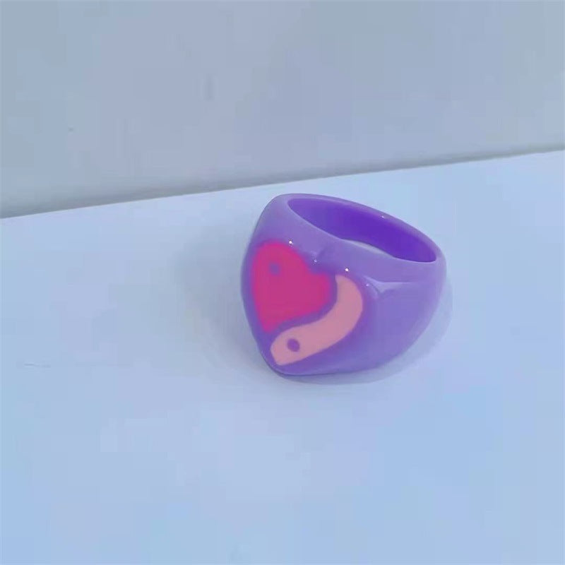 Geometric Resin Ring With Heart Eight Diagrams Design Fashion Ring 17mm Inner Diameter Yellow Red Purple Color