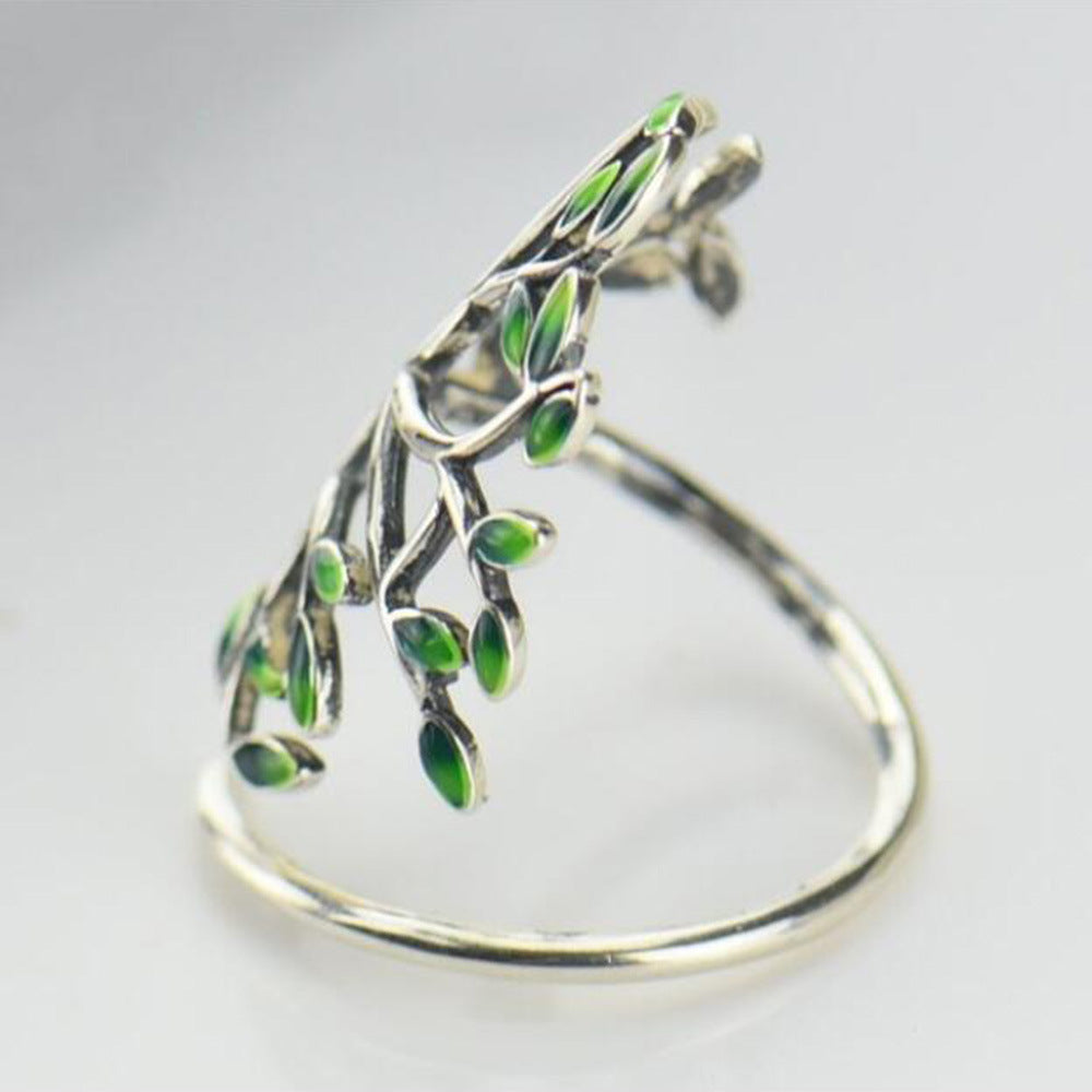 Copper Adjustable Ring With Green Leaf Twig Design Inlaid Zircon Gem Ethnic Style Travel Gift For Everyday Wear