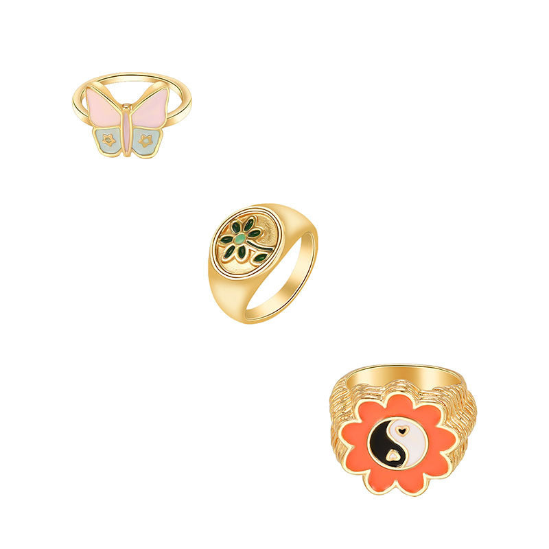 Women Alloy Butterfly Ring Set Three Piece Geometric Dripping Oil Design Elegant Fashion Jewelry For All Occasions